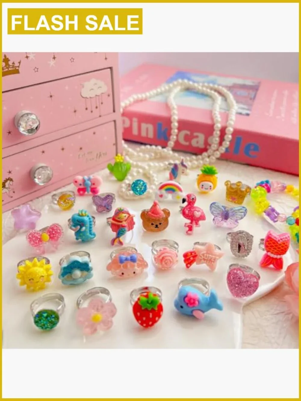 28pcs Little Girl Rings Princess Pretend Play Jewelry Set Adjustable